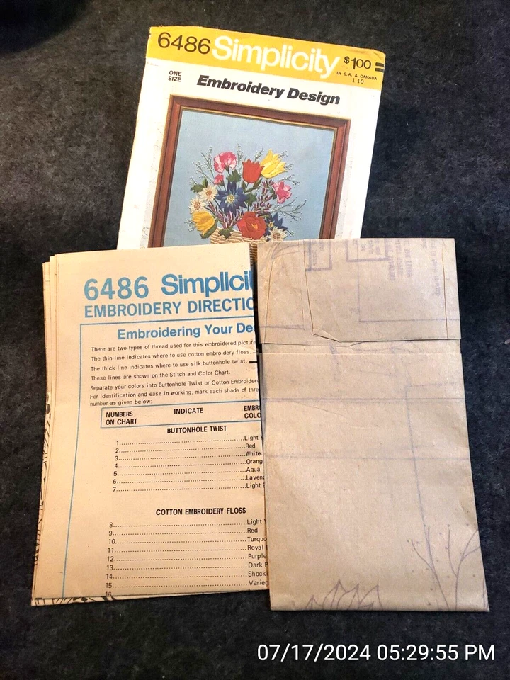 Simplicity 6486 Embroidery Design Pattern Floral Basket UNUSED UNCUT (C6B5) - Image 2 of 4