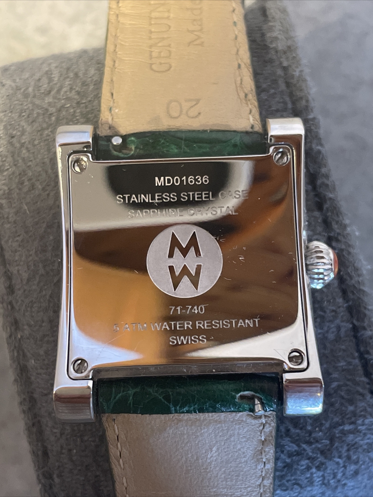 Michele MW MD01636 Swiss Square Quartz Women's Watch Green Bandnew