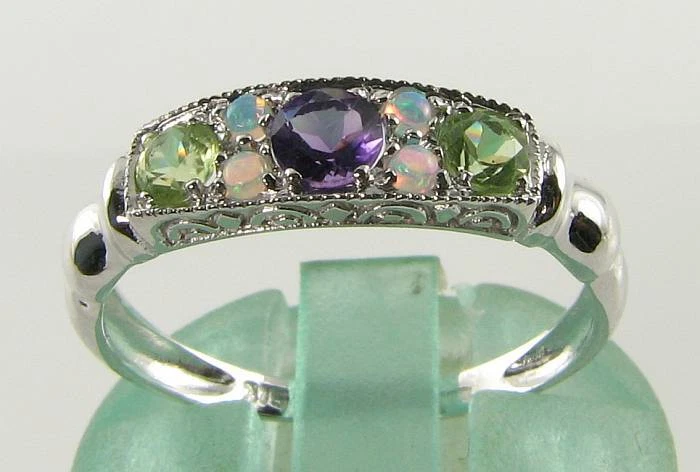 SUFFRAGETTE 9k 9CT WHITE GOLD AMETHYST PERIDOT OPAL ART DECO INS