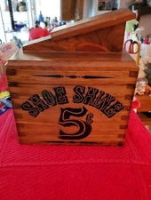 Vintage Solid Oak Shoeshine Box 1950's 5 Cents With Shoehorn. Brushes Inside.