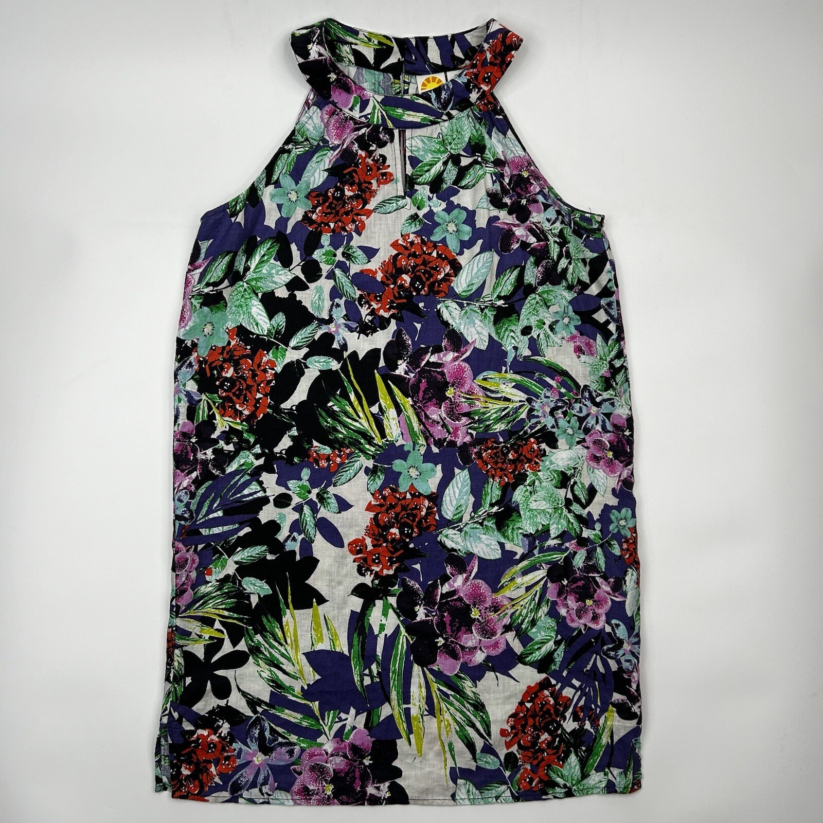 C&C California Womens S 100% Linen Sleeveless Dress Tropical Palm Floral Halter