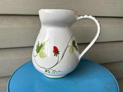 Vintage Italian Strawberries Garden Hand Painted Ceramic Pitcher 7" Cottagecore