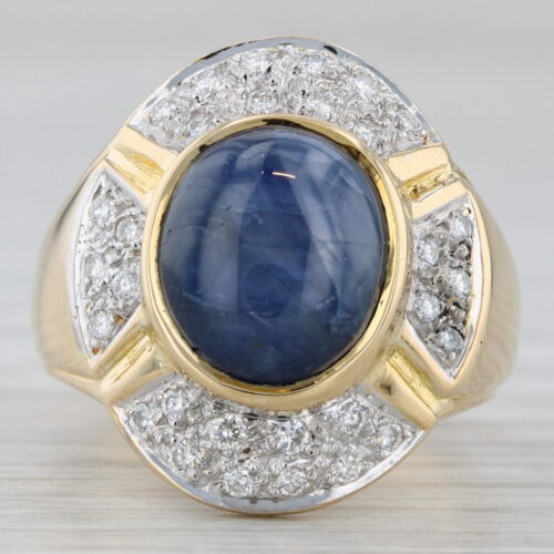 Ovalado Cabujón Zafiro Azul Anillo Diamante Halo 18k Oro Amarillo Talla 6.75-7 - Imagen 2 de 10