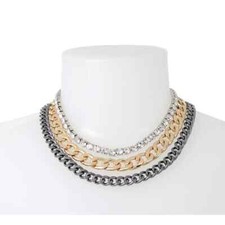 Steve Madden Layered Tri Tone Mixed Metal Bling Stones Curb Chain Necklace New