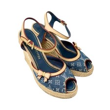LOUIS VUITTON Vintage Logo Monogram Sandals Heels 36.5 Blue Beige Denim