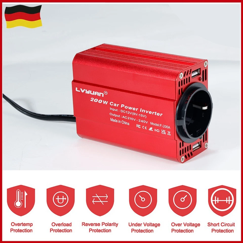 LVYUAN Convertidor de tensión 200W 300W Inversor Inversor DC 12V a AC 230V 2USB Rojo