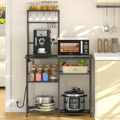Bakers Rack with Power Outlet, Kitchen Microwave Stand with 10 S-shaped Hooks, 6