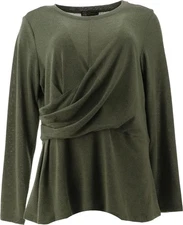 DG2 Diane Gilman Brushed Knit Asymmetric Drape-Waist Top Olive 1X NEW (1154)
