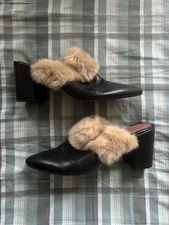 Barneys New York Black Leather Faux Fur Mule Heels Size 40