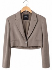 Zara Taupe Cropped Blazer Medium Single Button Minimalist Y2K Tailored Jacket
