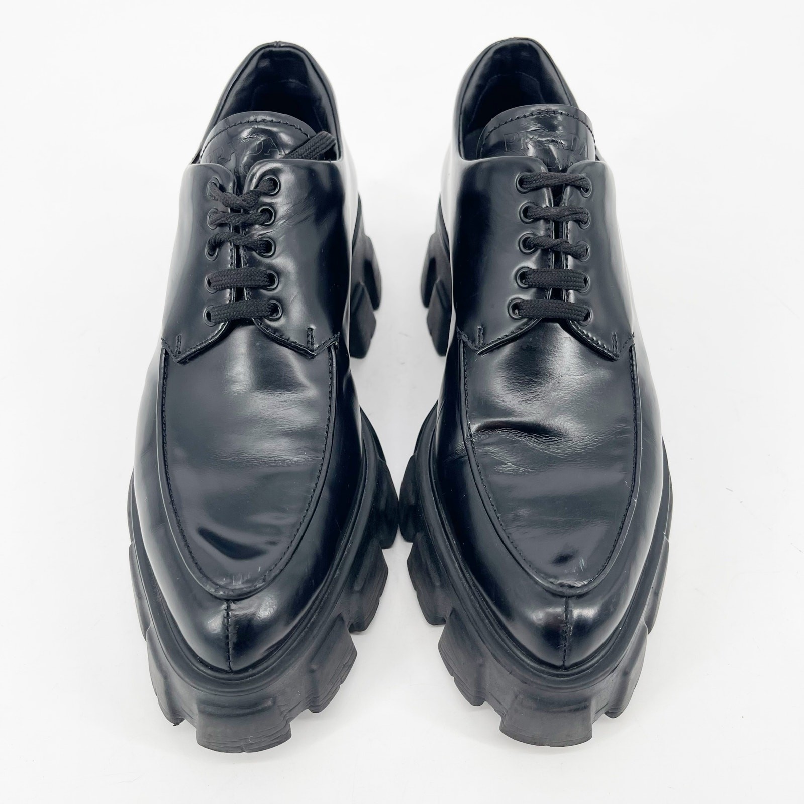 Prada Black Brushed Leather Lace Up Chunky Monolith Derby Oxford Loafer IT 39 thumbnail 6