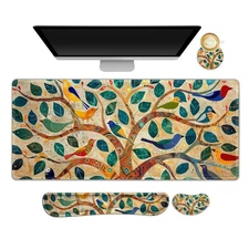 4 in 1 Large Desk Mat Set, Wrist Rest, Keyboard Mat, Colorful Tree, Bird