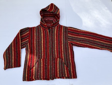 Vintage Mexican Blanket Baja Hoodie Sweater Jacket Knit Kids Size 12 Red Green