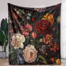 Vintage Floral Print Flannel Blanket – Detailed Rose & Peony Theme Throw Blanket