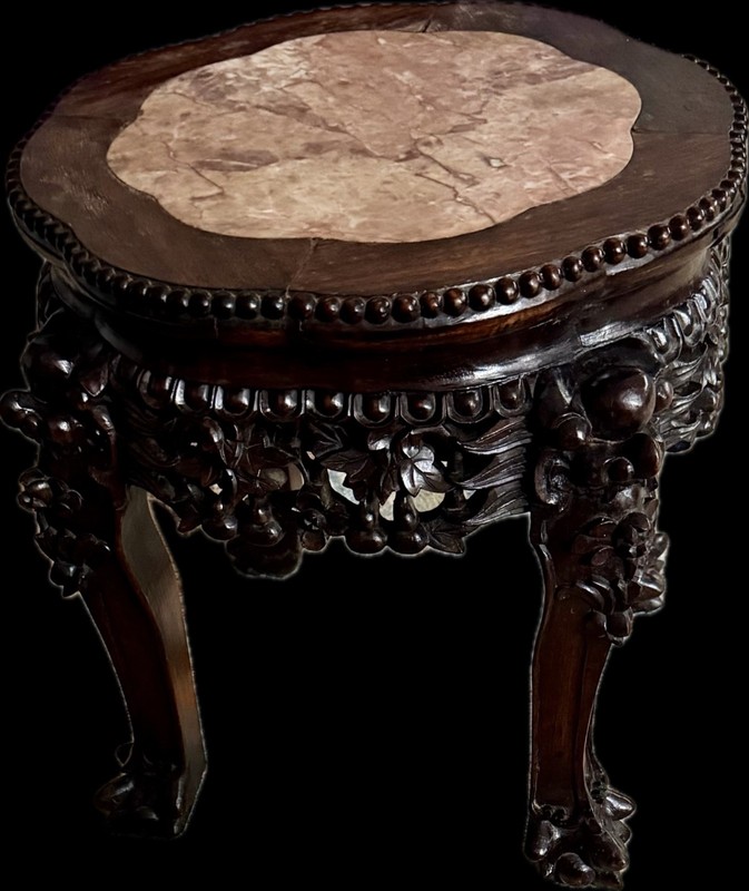 Antique Chinese Carved Rosewood Plant Stand Side Table Marble Top With Note