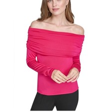 Halston Lipstick Pink Ruched Draped  Off-The-Shoulder Long Sleeve Top NEW Large