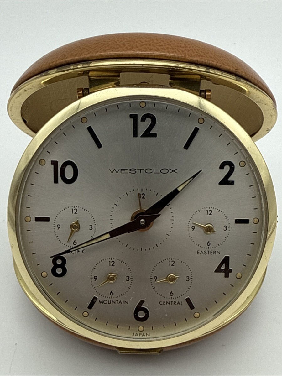 VINTAGE WESTCLOX WIND-UP TRAVEL ALARM CLOCK CLAMSHELL SNAP CASE