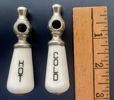 PORCELAIN and NICKEL PLATED HOT COLD WATER FAUCET HANDLE SET 2-7/8 in VINTAGE