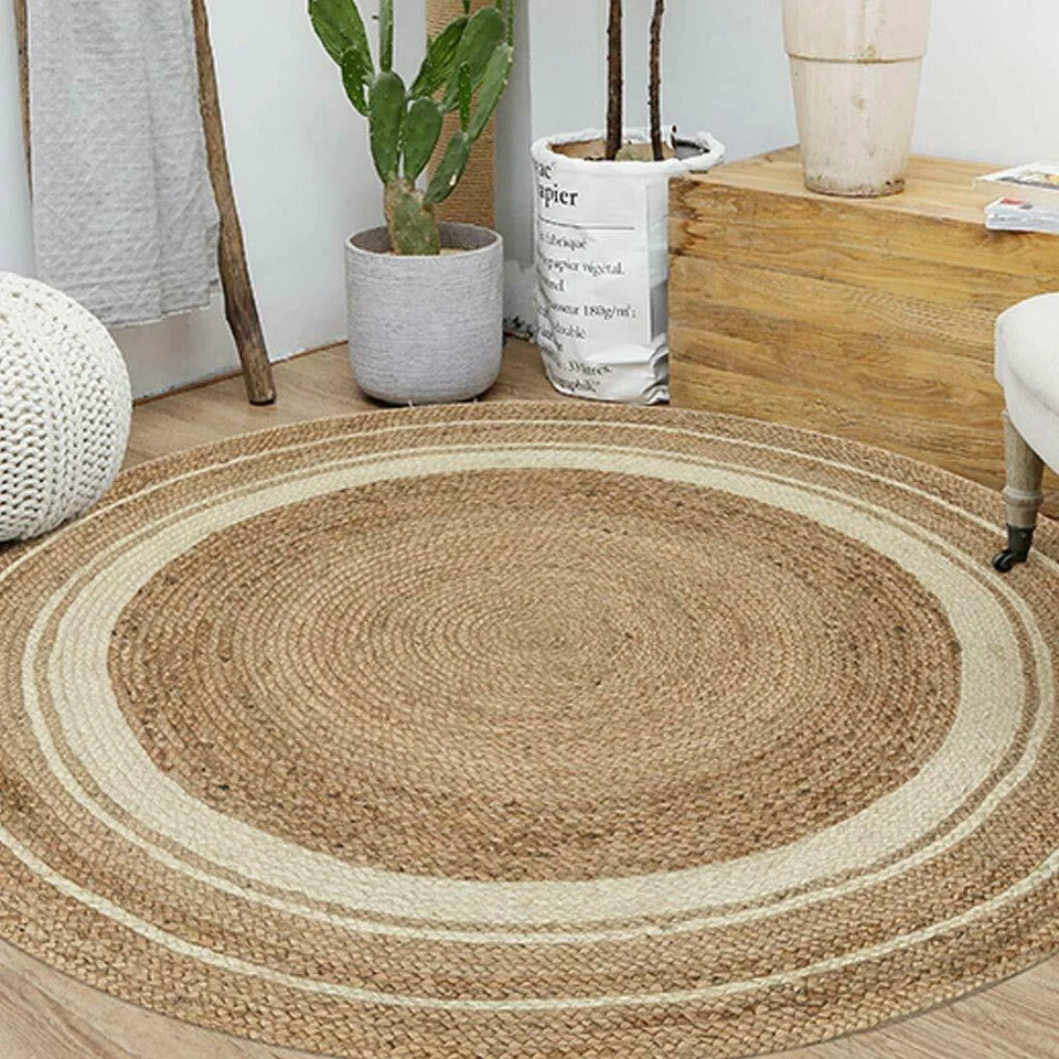Round Rug Natural Jute Farmhouse Area Rug Hand Woven Rustic Look, Beige + White - Image 2 of 4