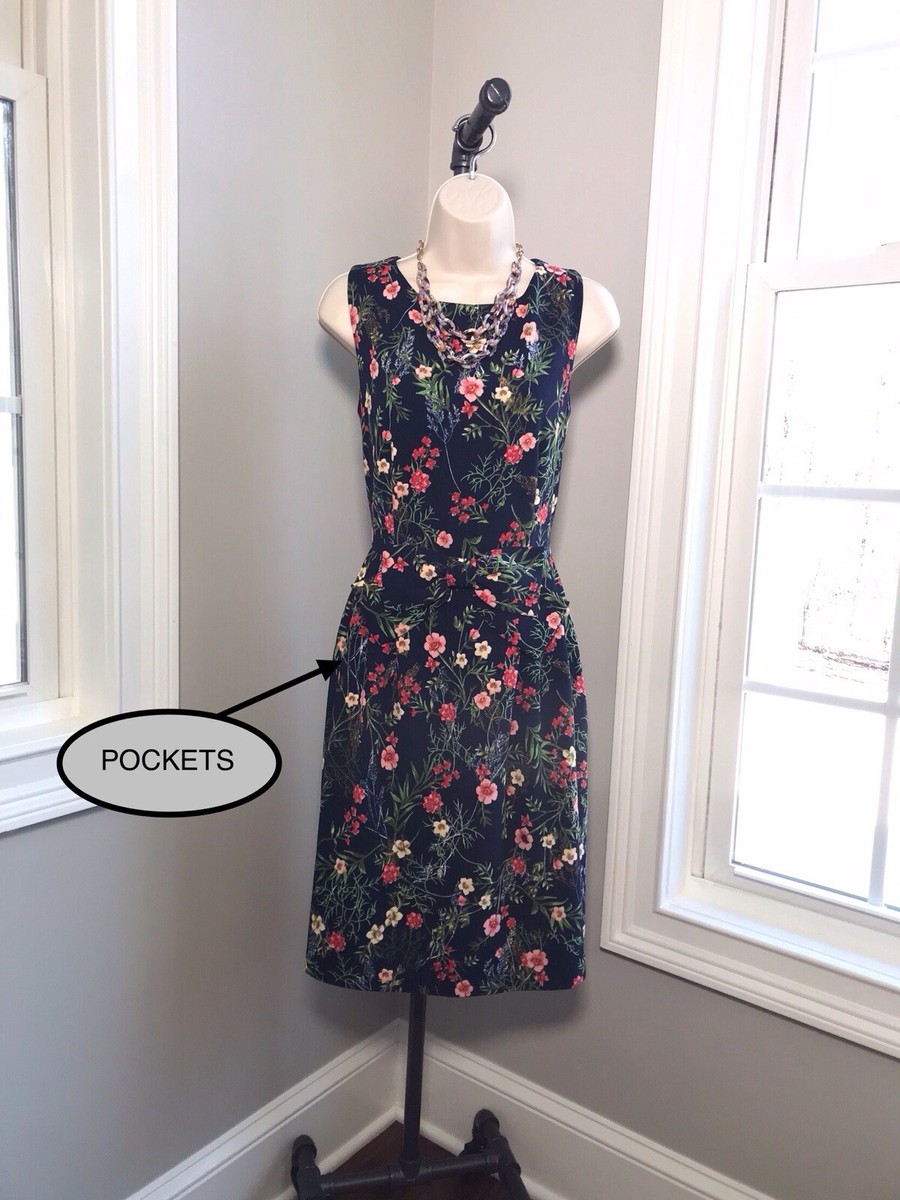 Tahari Sleeveless Blue Floral A-Line Dress Pockets & Bow ~ Womens 10 WORN  ONCE