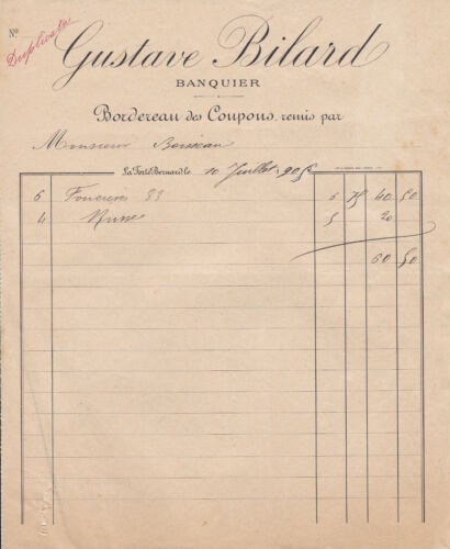 LA FERTE BERNARD GUSTAVE BILARD BANQUIER COUPON ANNEE 1909 - Afbeelding 1 van 1