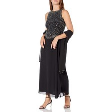 J Kara Women's 6 Petite Long Beaded V Trim Detail Dress with Scarf