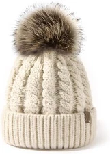 FURTALK Winter Beanie Hat for Women Cotton Lined Faux Fur One Size, 04 Beige 