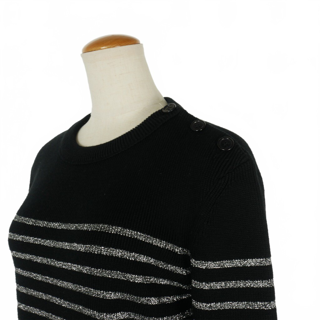 Tops】SAINT LAURENT PARIS Lame Border Knit Button Crew Neck Long