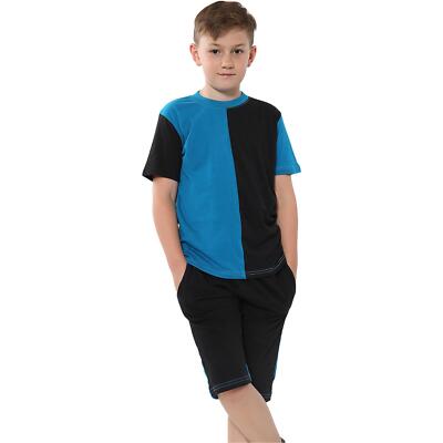 Kinder Farbe Kontrast Panel Top & Shorts Set Aktivkleidung Mädchen Jungen Alter 5-13 Jahre
