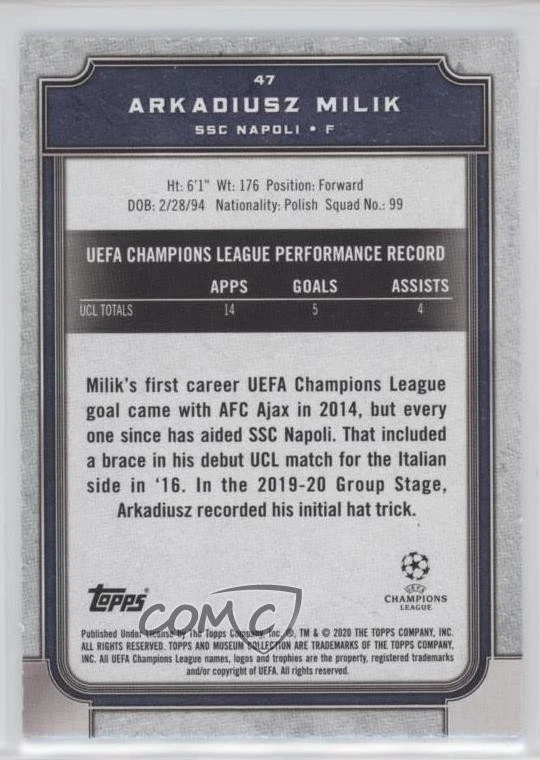 2019-20 Topps Museum Collection UCL Arkadiusz Milik #47 - Image 2 of 2