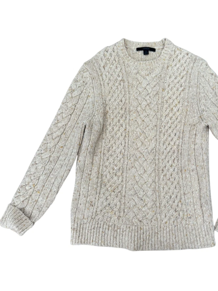 Express Mens Sweater Wool Tweed Cable Fisherman Oatmeal Beige Crew Winter Sz M - Image 2 of 4