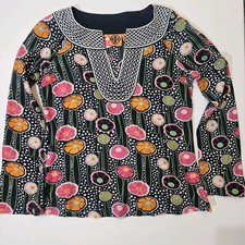 Tory Burch Top Womens 4 Orange Black Floral Poppy Polka Dot 60s Retro Spring