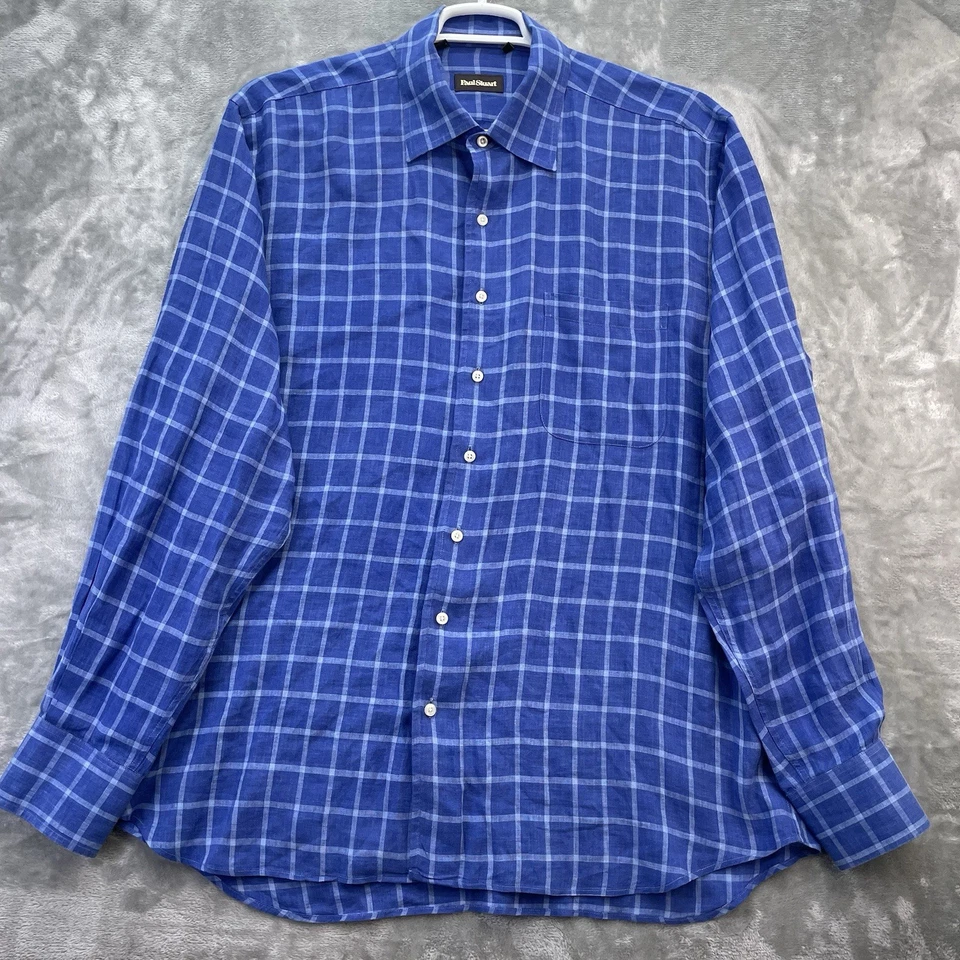 Paul Stuart Shirt Mens size XL 100% linen blue Canada designer casual preppy - Image 2 of 4