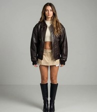 Womens Vintage Brown Leather Bomber Jacket Di...