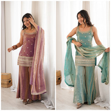Women Dusty Sequins Embroidered Kurta Pant Dupatta Set Party Wear Salwar Kameez