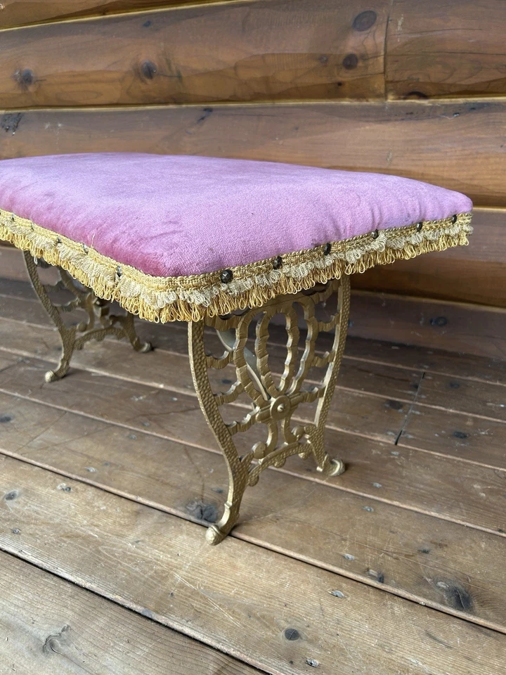 Antique Vintage Cast Iron Vanity Bench Pink Velvet - Image 3 of 4