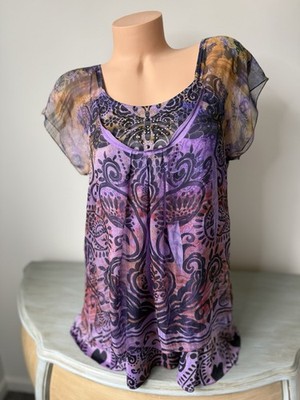 One World L Live Let Top Flowy Purple Boho Butterfly Layered Flutter Chiffon