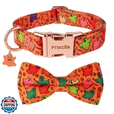 PTDECOR Halloween Dog Collar with Bow Tie, Metal Buckle, Adjustable Orange Gh
