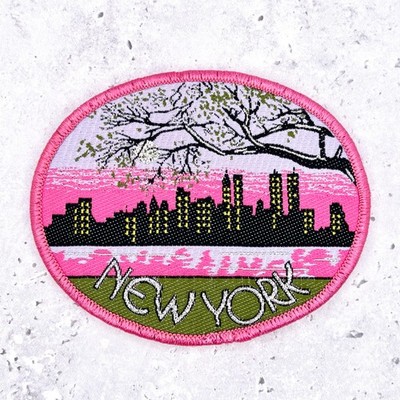 Vintage New York City Patch   Pink Sunset Skyline   Oval Woven Iron-On