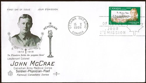 🍁Canada  #487    "John Mc Crae"   Fine Used  1968 Rosecraft  First Day Cover