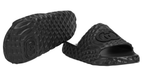 NEW GUCCI MEN CURRENT BLACK RUBBER INTERLOCKING RIPPLES SLIDE SANDALS 6 / US 6.5 - Picture 6 of 8