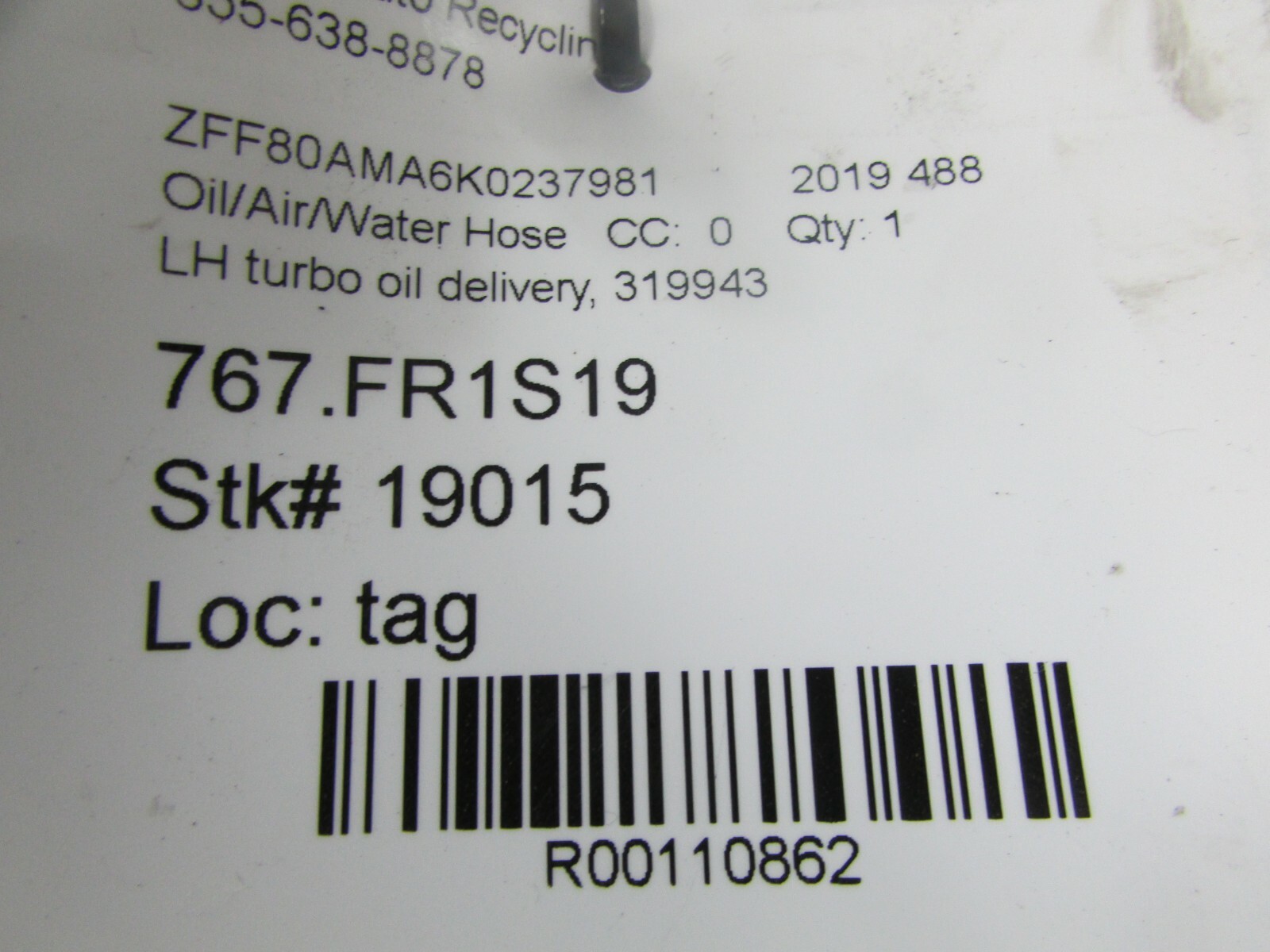 Ferrari 488, LH, Left Turbo Oil Delivery Hose, Used, P/N 325406