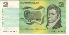 AUSTRALIA $2 Dollars VF Banknote (1979) P-43c Knight-Stone Sign Prefix JQY