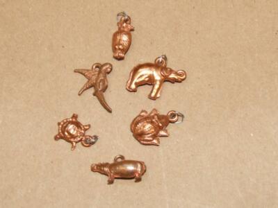 6 Vintage Copper Charms Frog Elephant Parrot Turtle Hippo Owl