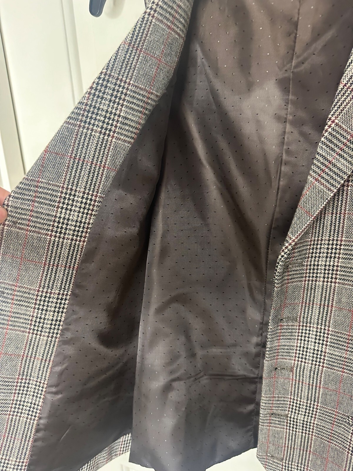 Madison Mens Medium Glen Plaid Vest Brown Satin Back & Dotted Lining Irish Style