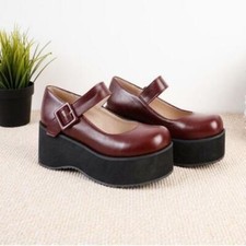  Womens Pu Leather Round Toe Buckle Strap Platform Girls Mary Jane Lolita Shoes 