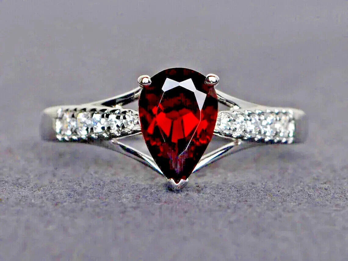 Garnet Delicate Promise Rings Pear Cut 925 Sterling Silver Engagement Ring