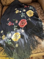 Piano Scarf Shawl Antique 1920-30s Large Flapper Black Embroidery Wrap Vintage