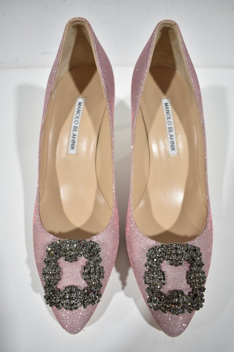 Manolo Blahnik Hangisi 70 Pink Glitter Crystal Jewel Buckle