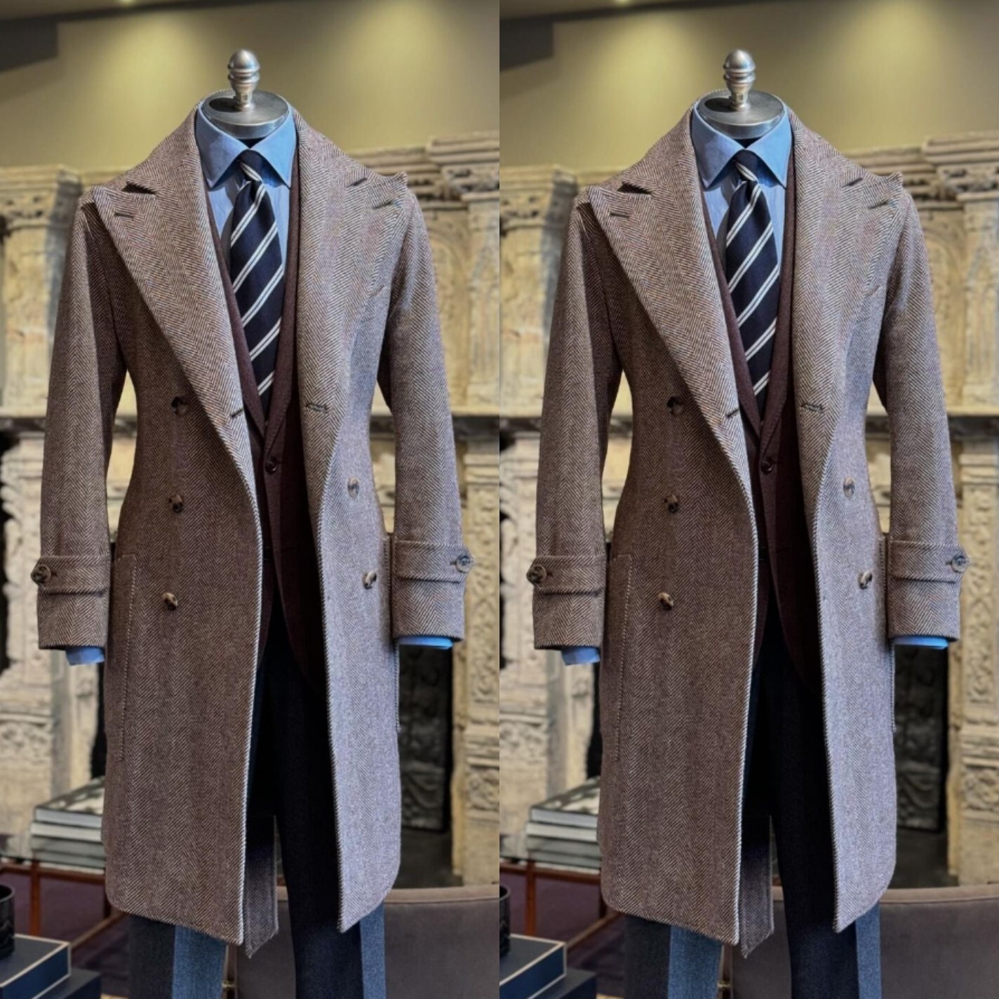 Tweed Men Long Jacket Herringbone Blazer Coat Casual Tuxedo Peak Lapel Overcoat